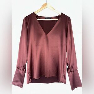 Zara Women's Brown Satin V-Neck Blouse
